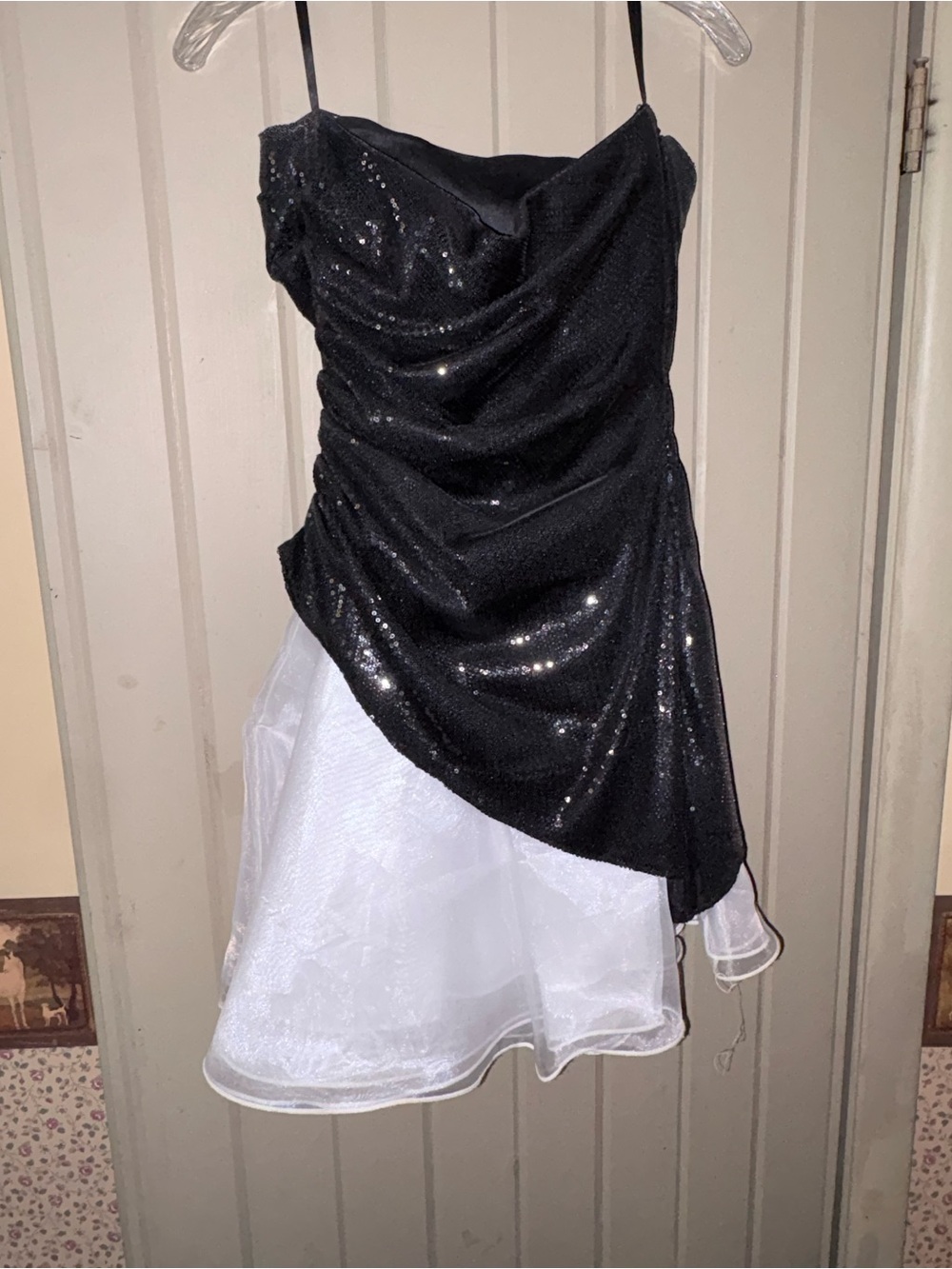 Deb Black Sequin Asymmetrical Party Dress with White Underskirt